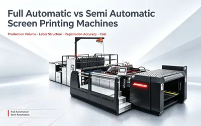 Full Automatic vs Semi Automatic Screen Printing Machines guide cover, JINBAO automatic screen printing machine on light grey industrial background, comparison of production volume, labor cost and registration accuracy